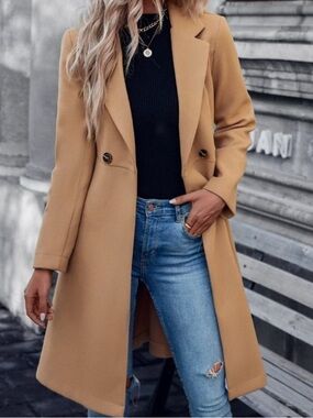 camel double button lapel neck belted coat